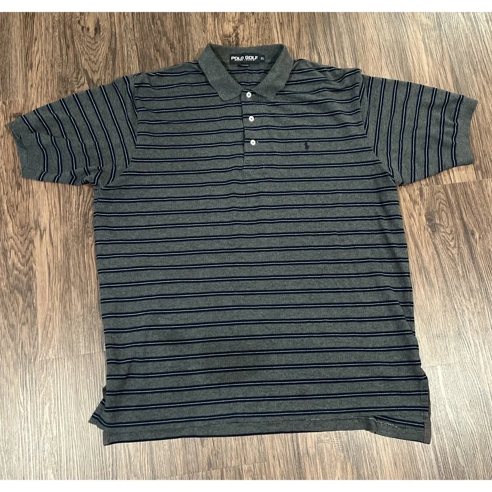 Polo Ralph Lauren Men's XL, Navy & Gray Striped Pique Knit Shirt.